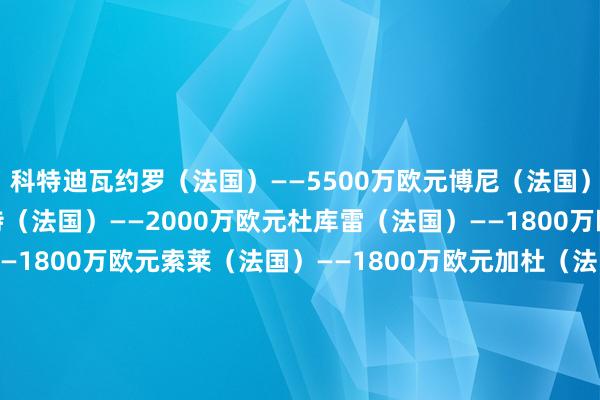 科特迪瓦约罗（法国）——5500万欧元博尼（法国）——2300万欧元雷斯特（法国）——2000万欧元杜库雷（法国）——1800万欧元瓦希（法国）——1800万欧元索莱（法国）——1800万欧元加杜（法国）——1500万欧元克鲁皮（法国）——1500万欧元泽泽（法国）——1500万欧元埃塞（英格兰）——1200万欧元塞内加尔坎沃（法国）——2000万欧元迪乌夫（法国）——1800万欧元苏马雷（法国）