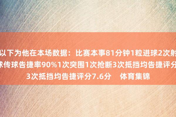 以下为他在本场数据:比赛本事81分钟1粒进球2次射门均射正28次触球传球告捷率90%1次突围1次抢断3次抵挡均告捷评分7.6分 体育集锦